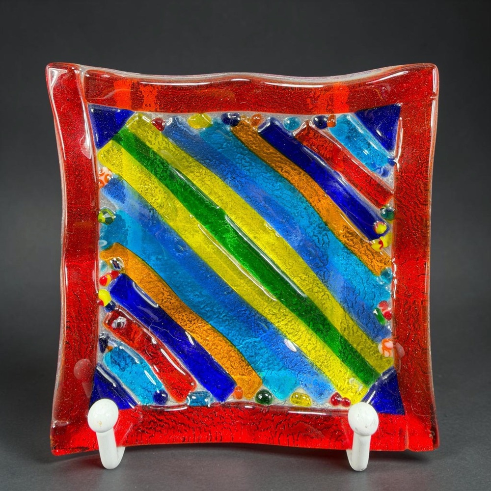 Italian Fused Glass Trinket Dish Rainbow Striped Square Catchall Tray 4 Inch